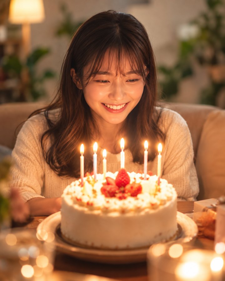 誕生日ケーキのろうそくを前に笑顔の女性