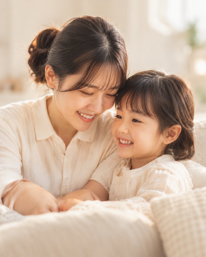 笑顔で寄り添う母と子ども