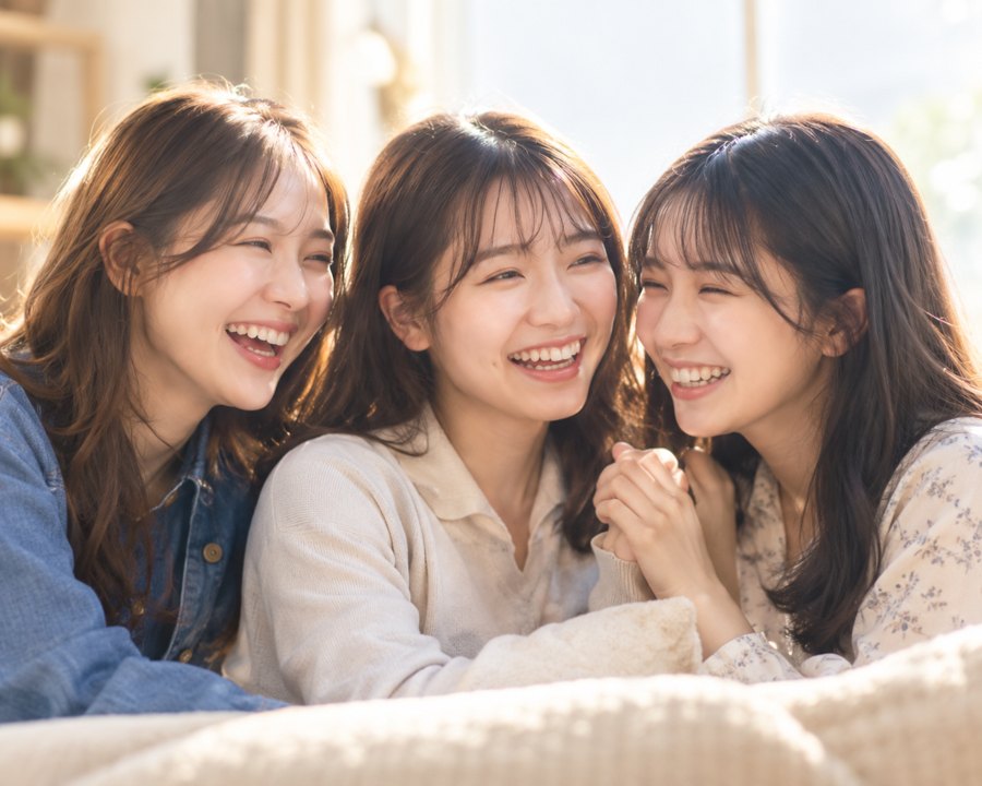 肩を寄せ合って笑う3人の親友