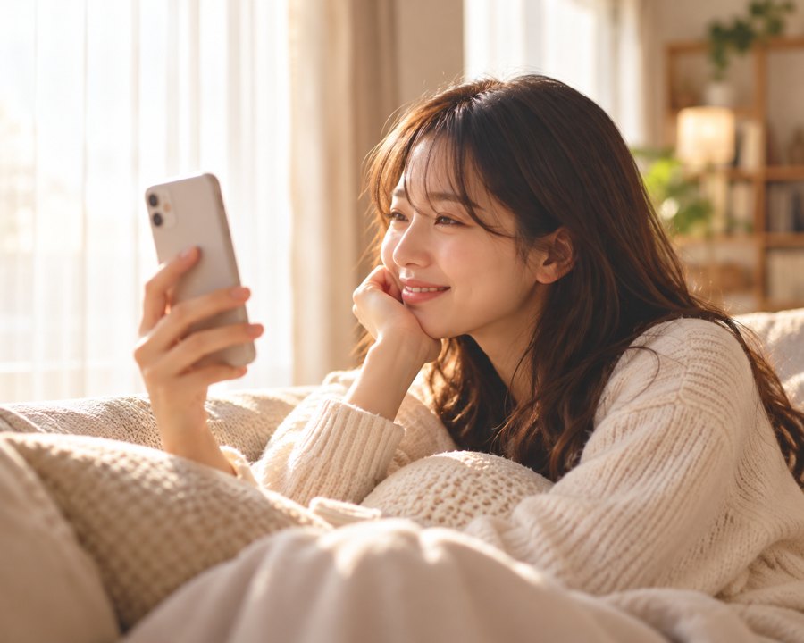 スマートフォンを見て微笑む女性