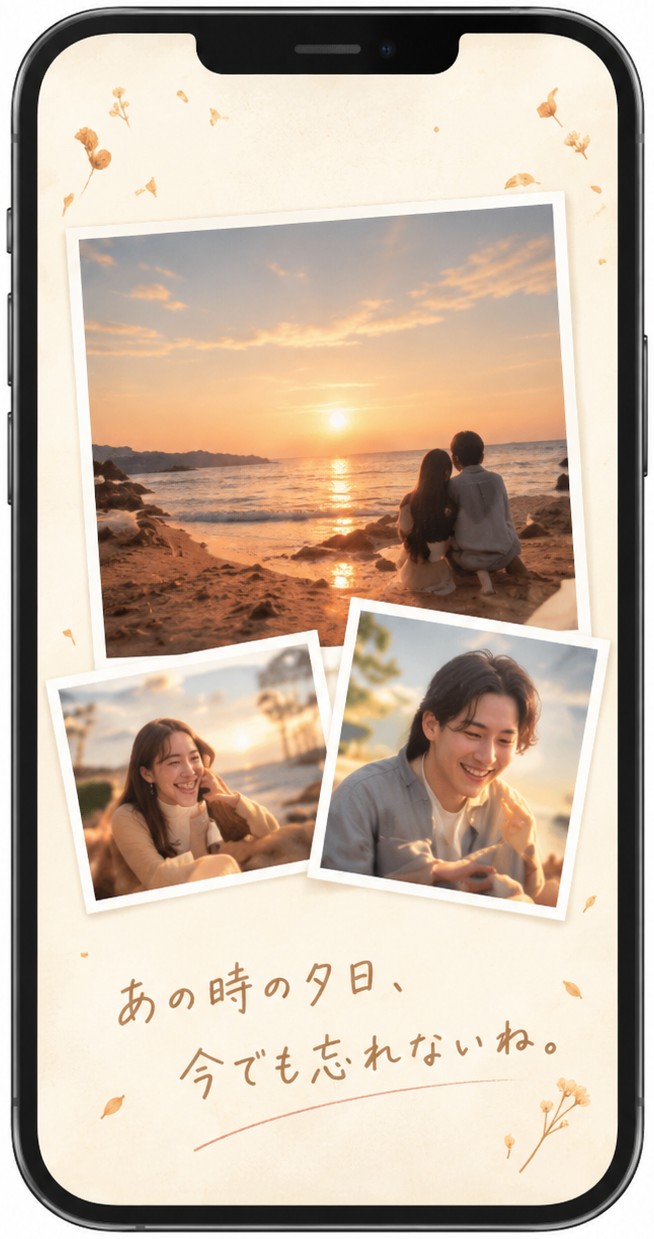 夕日の海辺で撮った思い出の写真が並ぶ画面