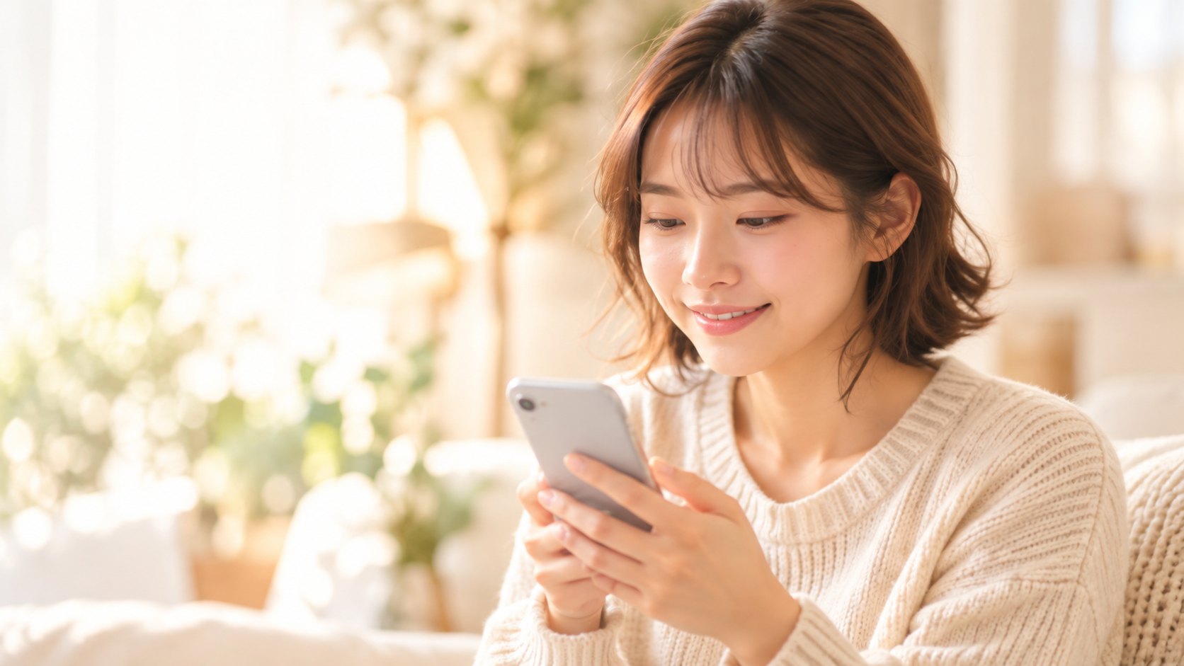 スマートフォンでサプライズページを作る女性